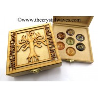 Tree Of Life Engraved Wooden Box With Gemstone Cabochon Engraved Chakra Set 